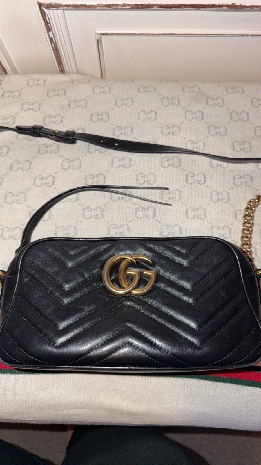 GUCCI GG Marmont Quilted Shoulder Bag Black Gold Hardware Adjustable Strap