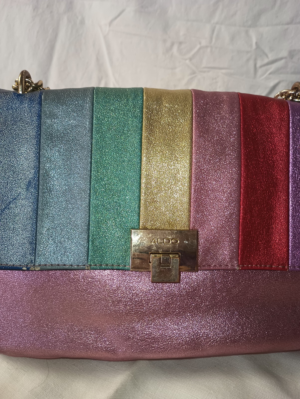 ALDO Metallic Pink Rainbow Colorblock Shoulder Bag Gold Chain Strap Clasp