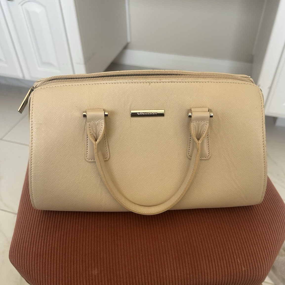 Burberry Beige Small Satchel Top Handle Zip Check Lined Inner Pockets W/COA