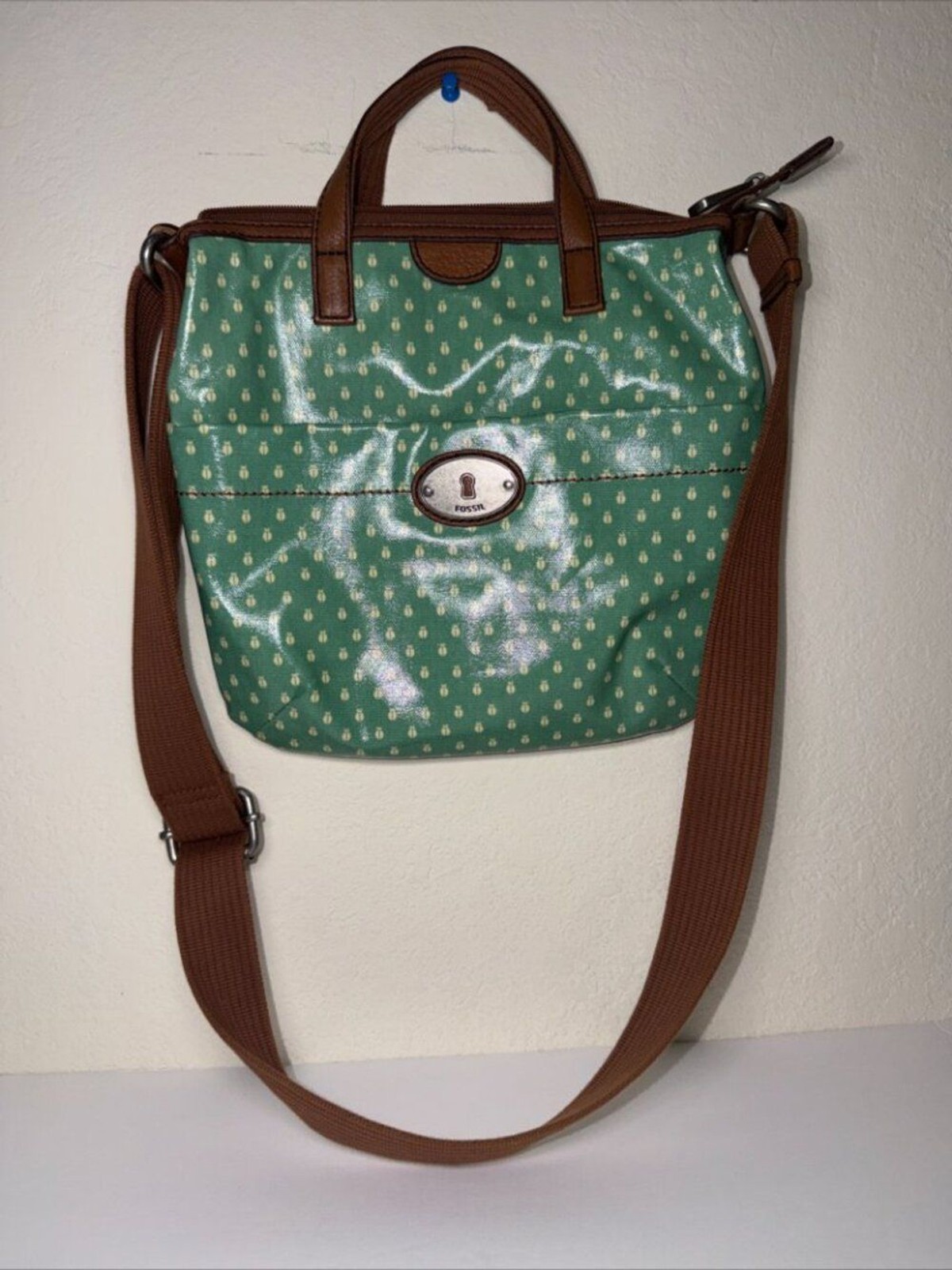 Fossil Key-Per Coated Canvas Crossbody Bag Green Ladybug Beetle Print Vintage