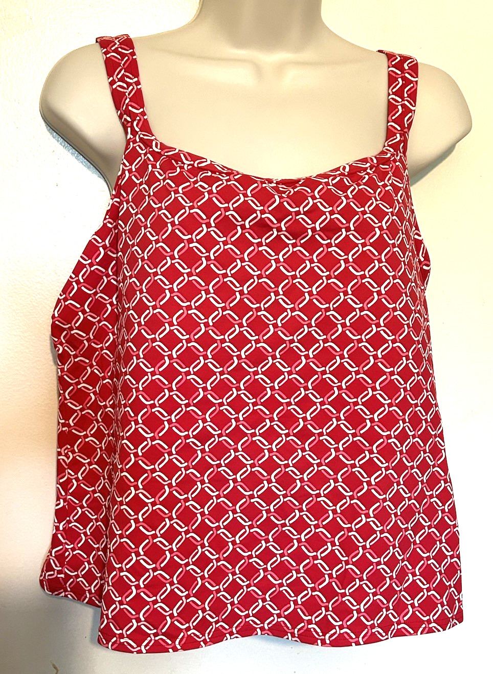 Lands End Women’s Swimsuit Tankini Top Red Pink White Chain Squares Size 16W