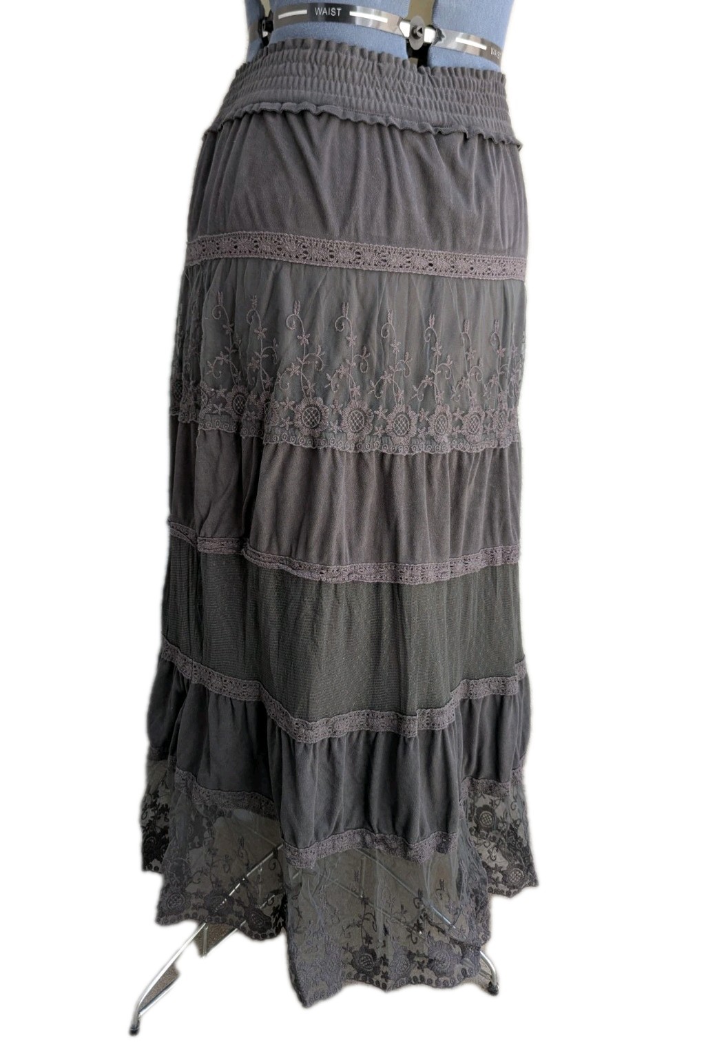Dark Gray Gothic Witch Tiered Lace Skirt Built-In Corset Waist Belt
