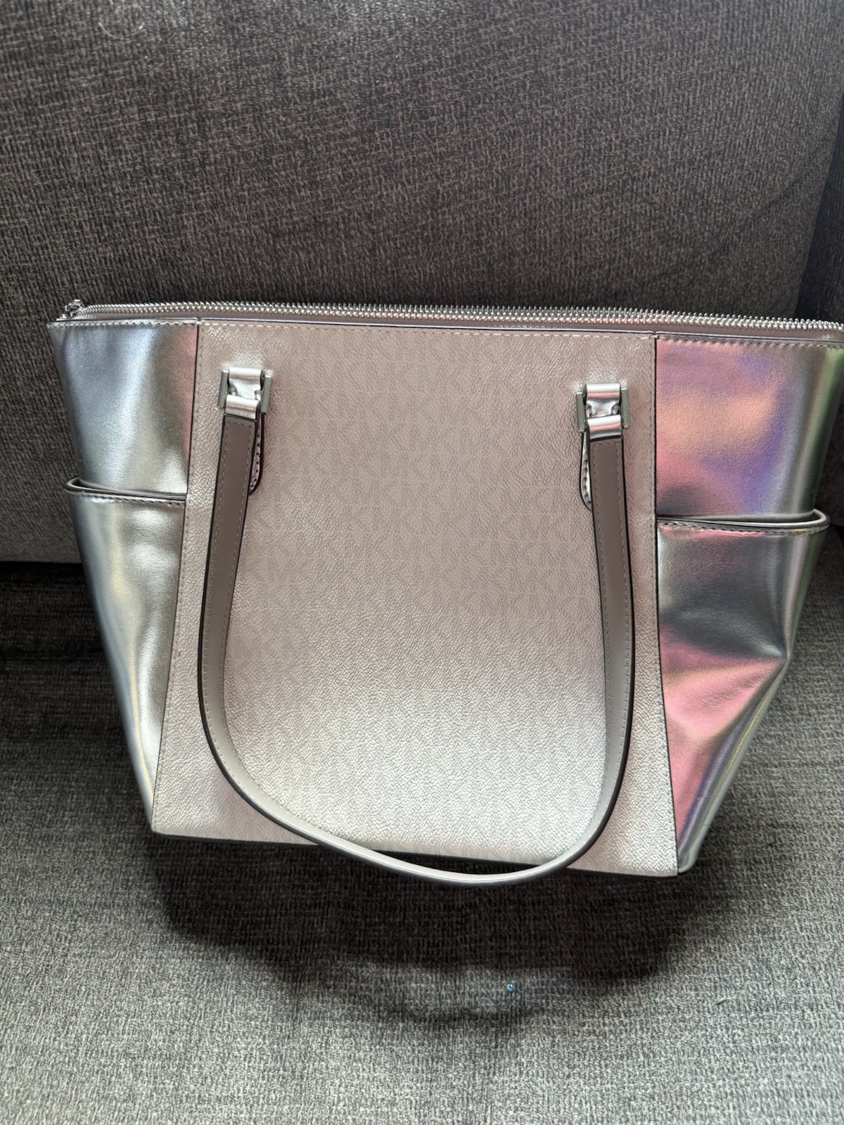 Michael Kors Silver Metallic Logo Large Zip Top Tote Bag w/ Charm