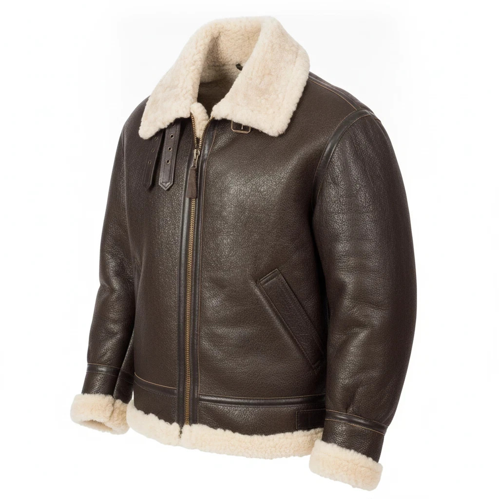 Men’s B3 Aviator Bomber Jacket Brown Genuine Leather Shearling Sheepskin Coat