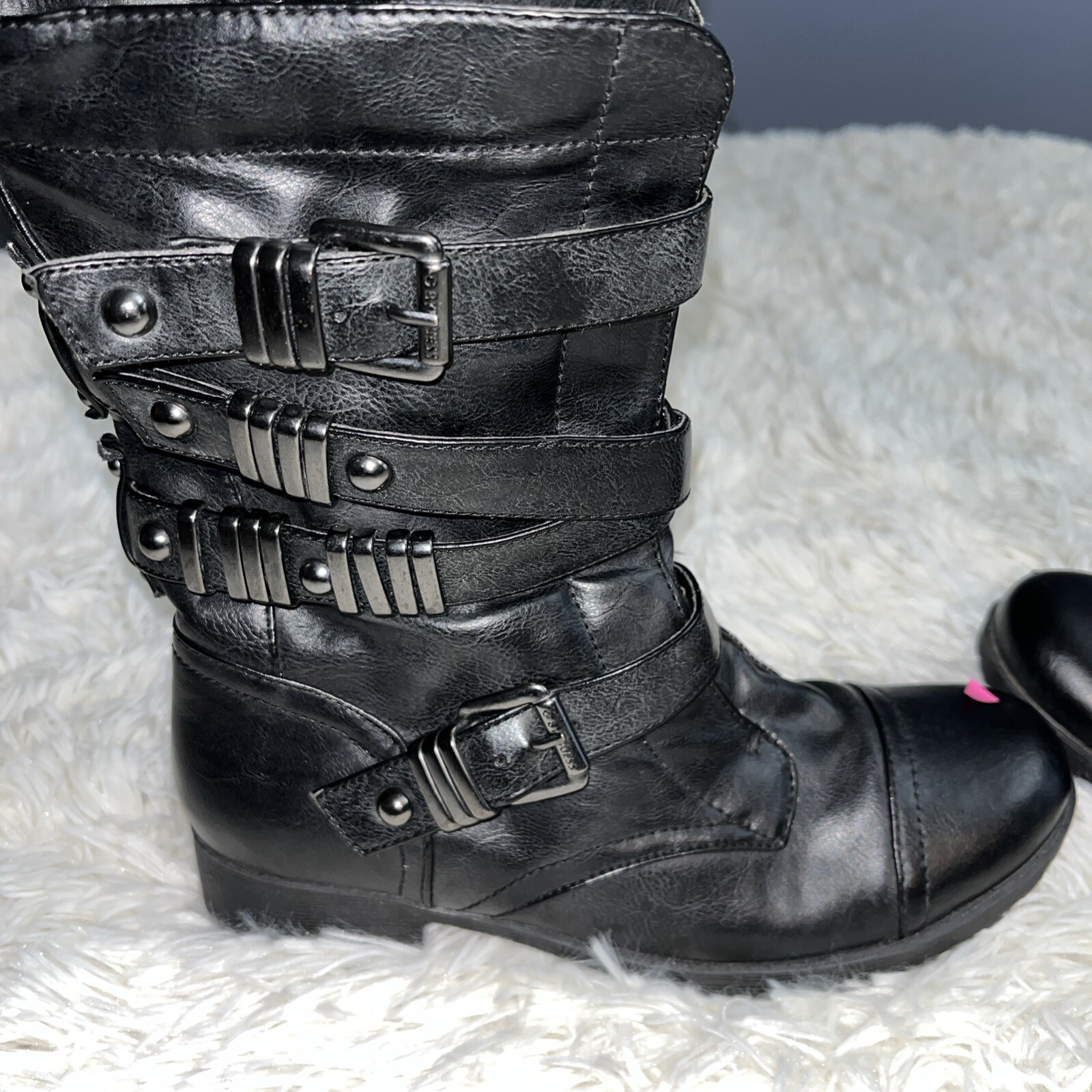 G By Guess Moto Grunge Combat Full-Zip Boot Buckles Black Metal Embellished Sz6m