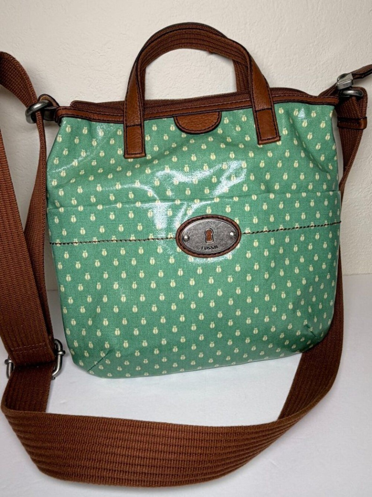 Fossil Key-Per Coated Canvas Crossbody Bag Green Ladybug Beetle Print Vintage