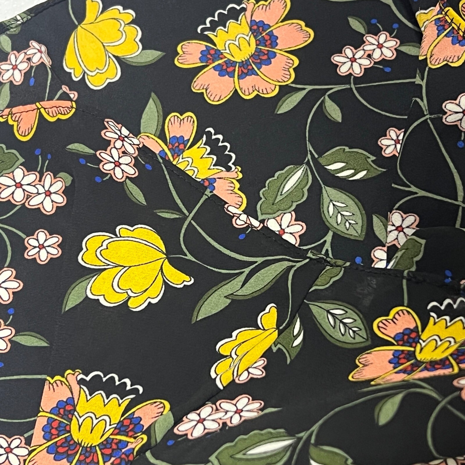 Chelsea & Theodore Floral Blouse Summer Split Neck Long Sleeve Black Yellow 1X