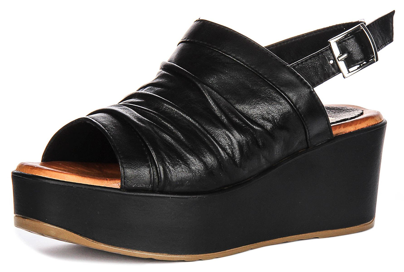 Justinreess England Honor Soft Buckle Crinkles Womens Sandal Black US 5 – 11
