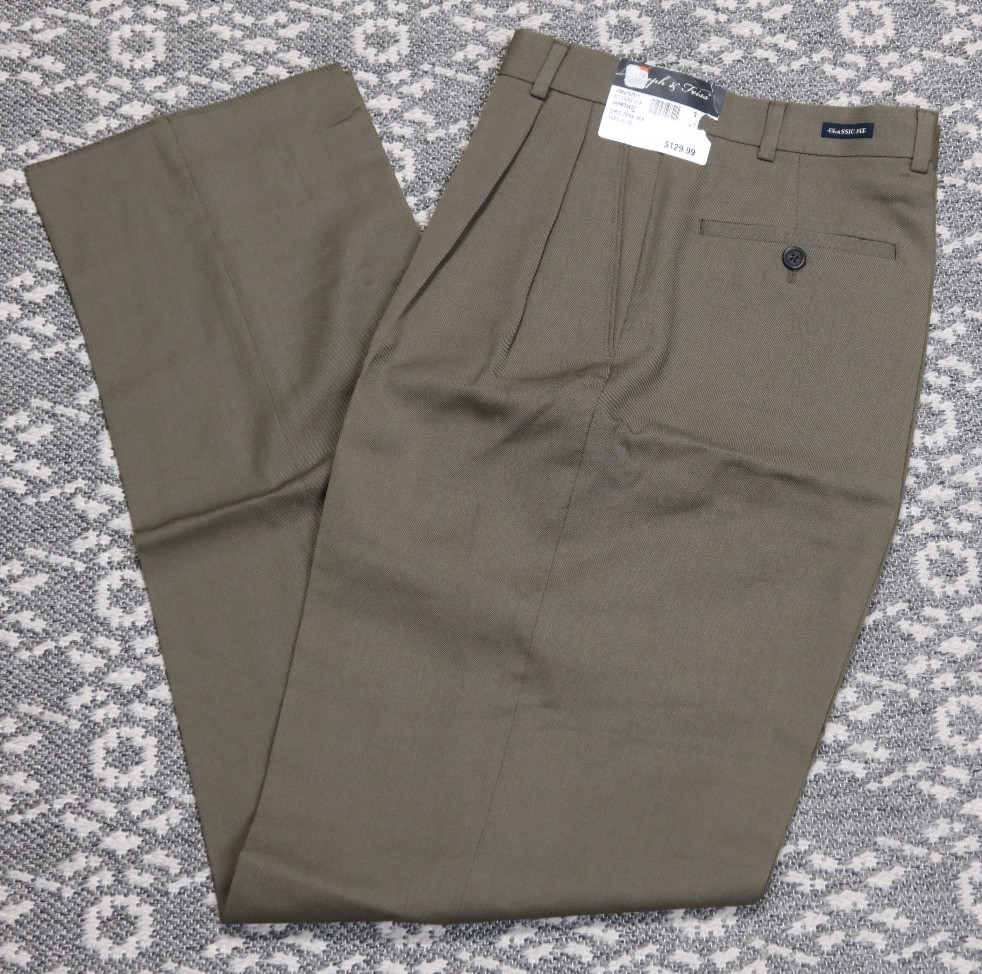 $129 Joseph & Feiss Men’s Classic Fit Pleated Pants – Size 32 – Olive – UNHEMMED