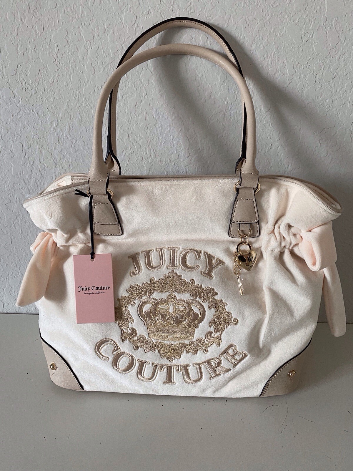 Juicy Couture Falling For Juicy Tote Bag Purse Velour Bows Soft White NEW