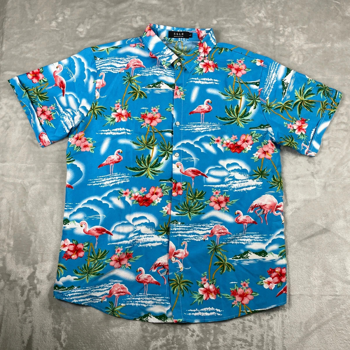 SSLR Mens L Blue Flamingo Floral Hawaiian Shirt Lightweight Wrinkle Resistant Cr