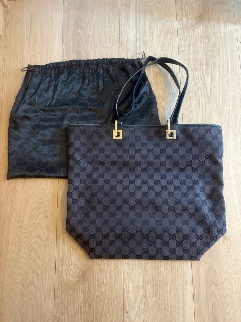 GUCCI GG Tote Hand Bag Leather Canvas Dark Brown Black Gold Hardware From Japan
