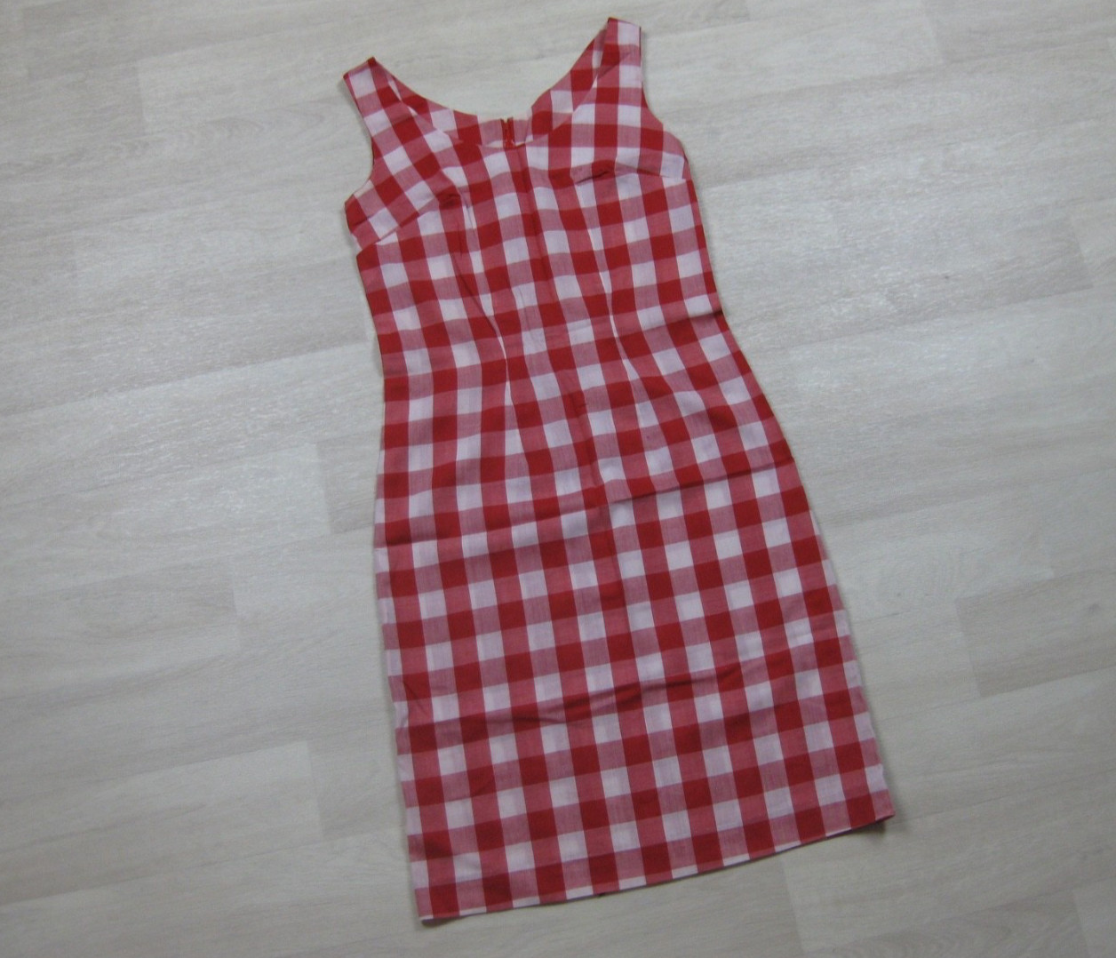 Vintage 60s Gingham Mini Sheath Shift Dress (XS) Cotton Red Sleeveless MOD
