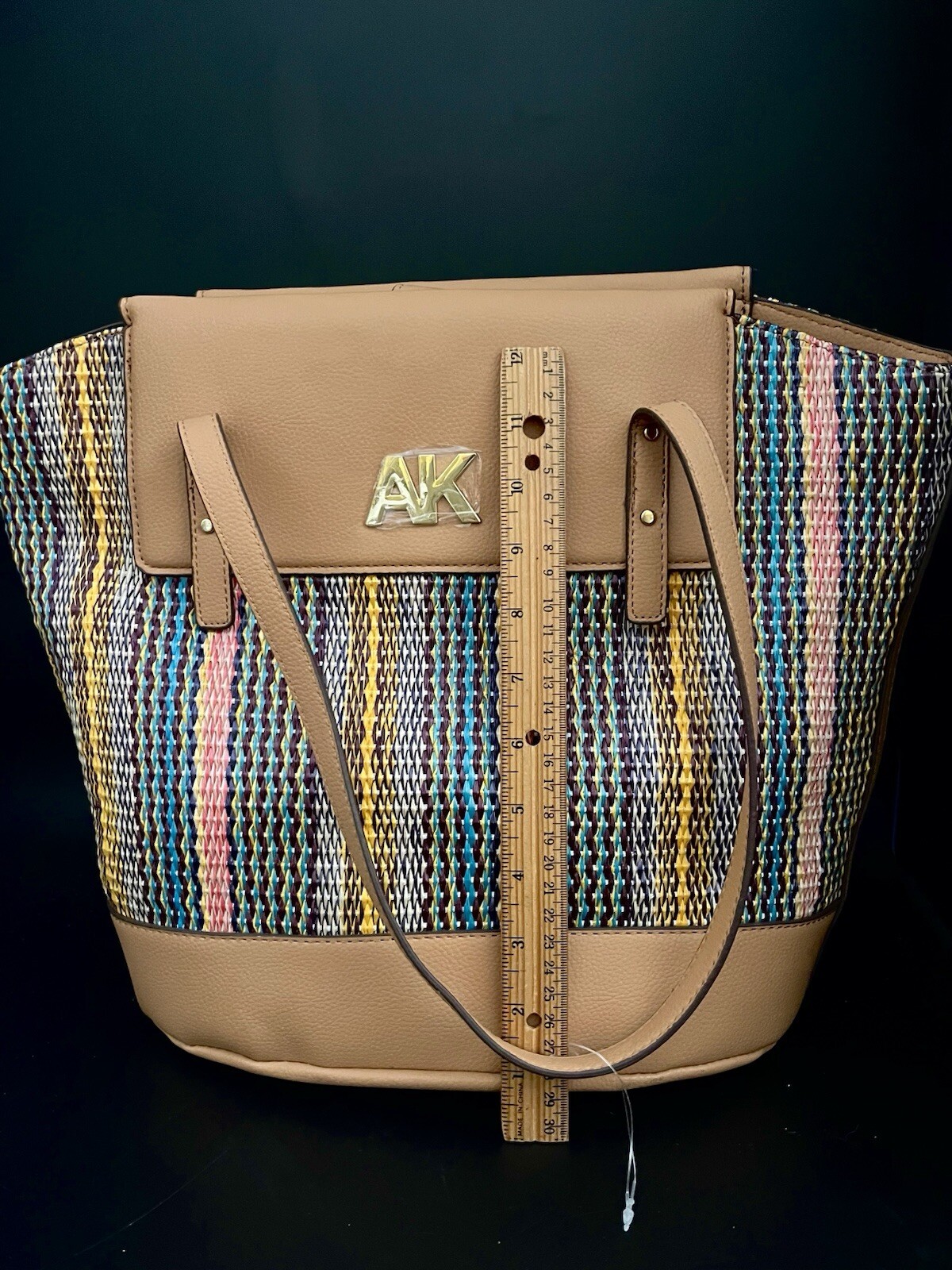 NEW Anne Klein Large Woven Multicolor Camel Curved Tote with Pouch 12.5 x 16 in.
