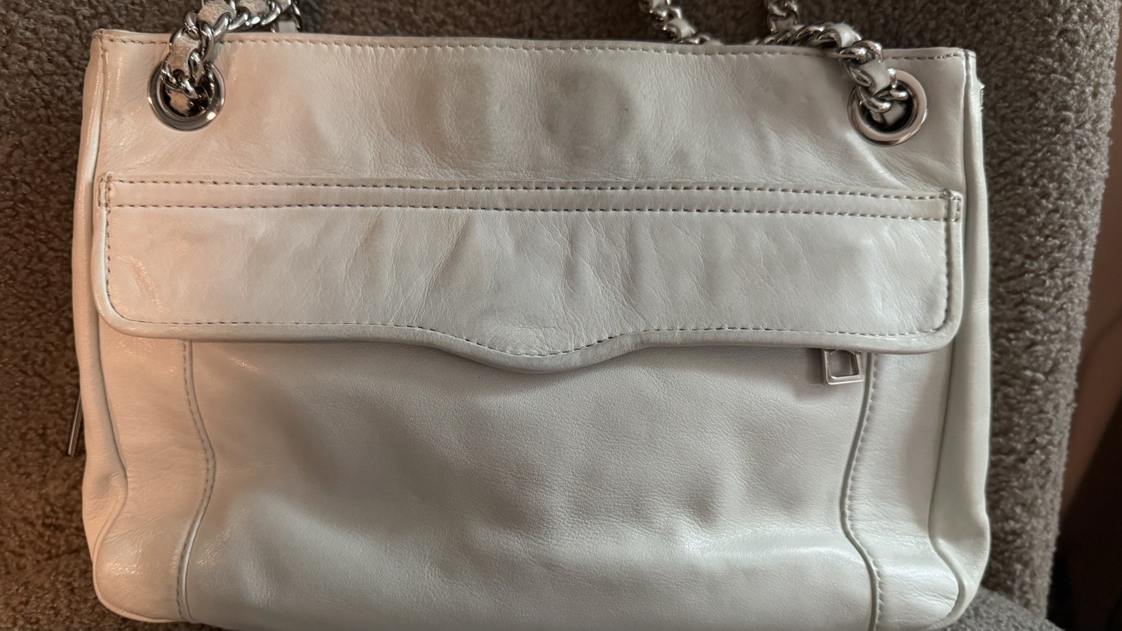 Rebecca Minkoff White Shoulder Bag Zip Closure Chain Strap Silver Hardware