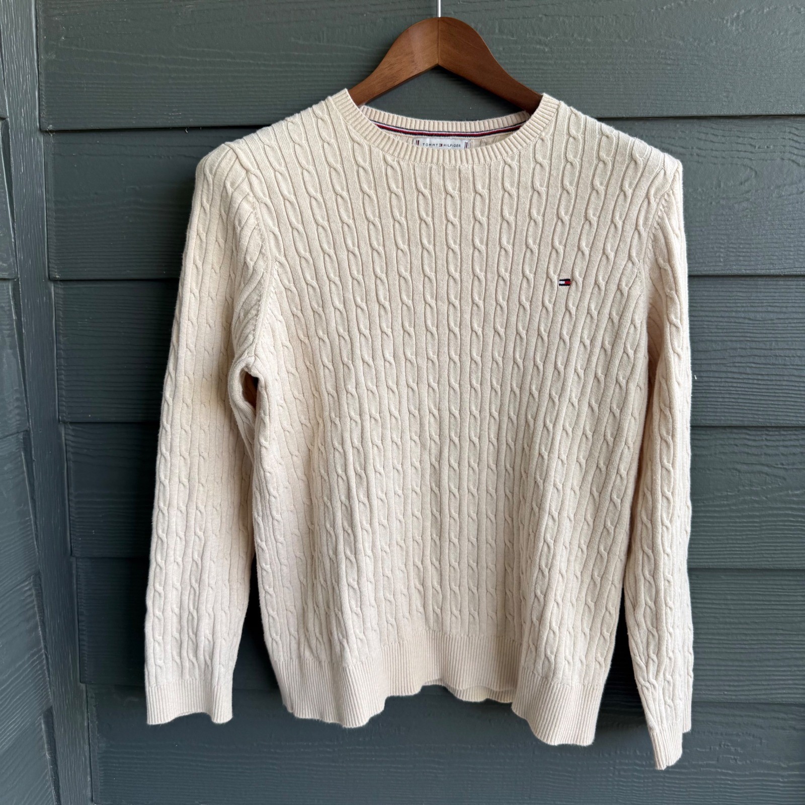 Tommy Hilfiger Cable Knit Cotton Sweater XL Beige Classic Preppy Crewneck