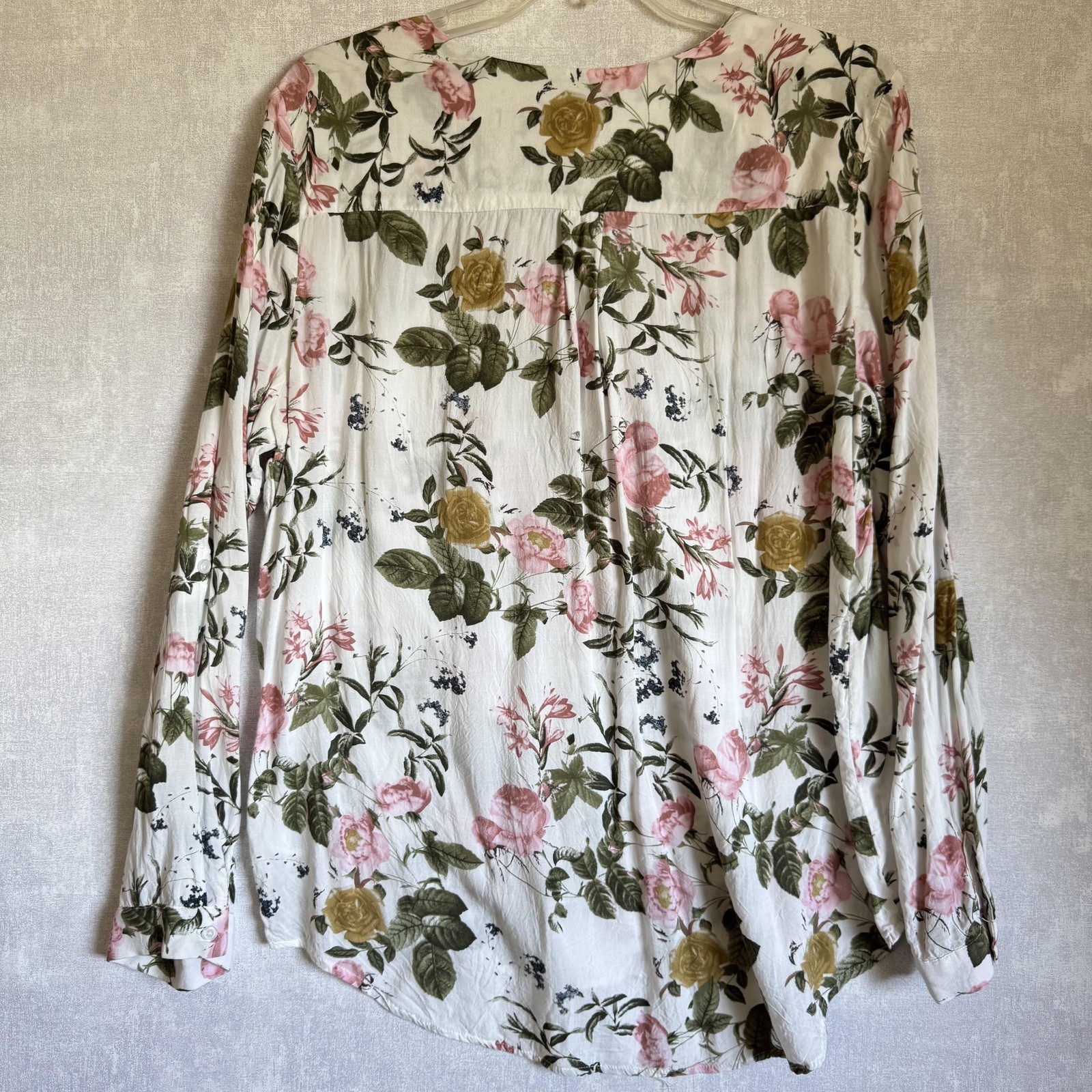 BRINA & EM Blouse Womens Large White Floral Split V Neck Long Sleeve Z2U259SF