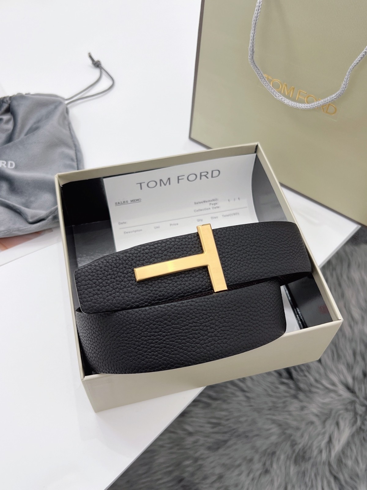 Tom Ford Belt Reversible Gold T-Buckle, Black /Brown Calfskin Leather