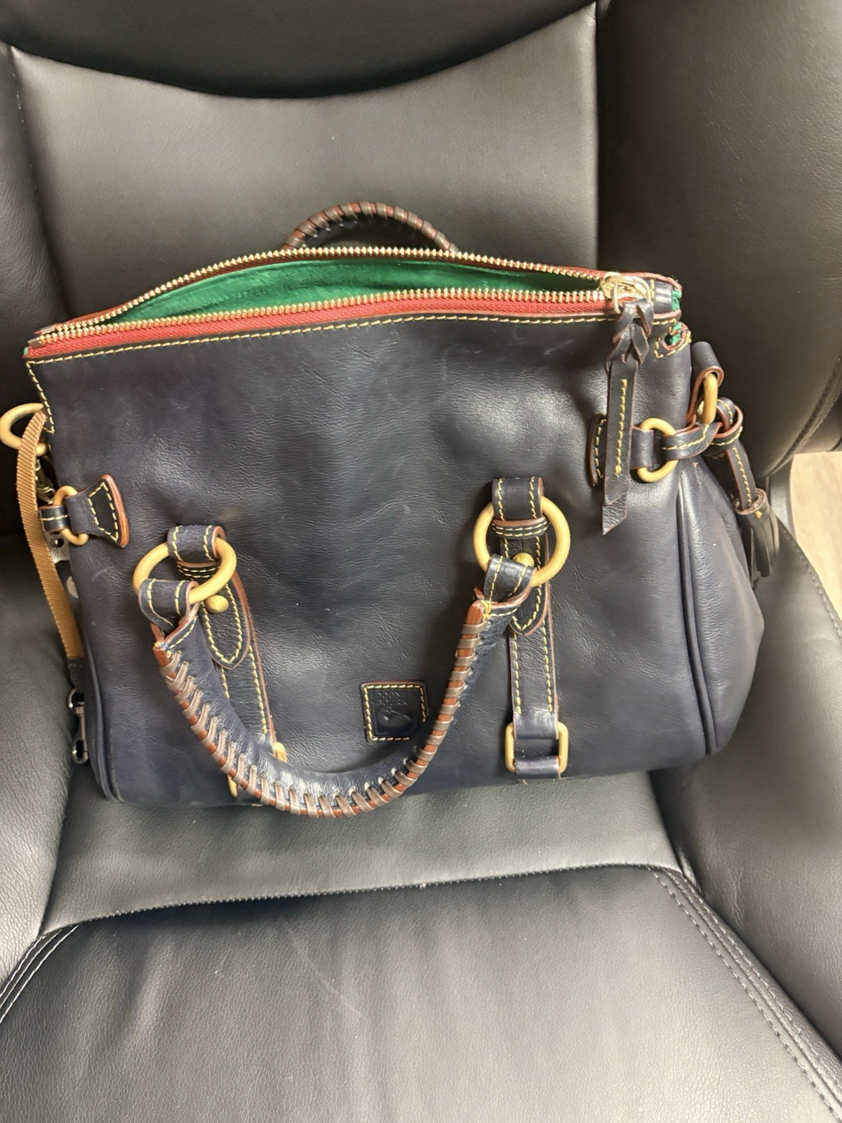Navy Medium Satchel Top Handle Zip Tassel Green Lining Gold Hardware Strap
