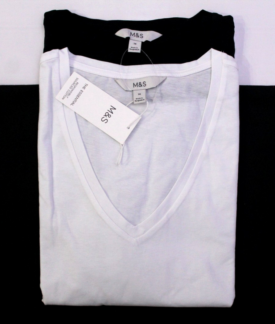 M & S Ladies 2 Pack Short Sleeve V Neck Tops T-Shirt ~ Black/White ~ Size 14