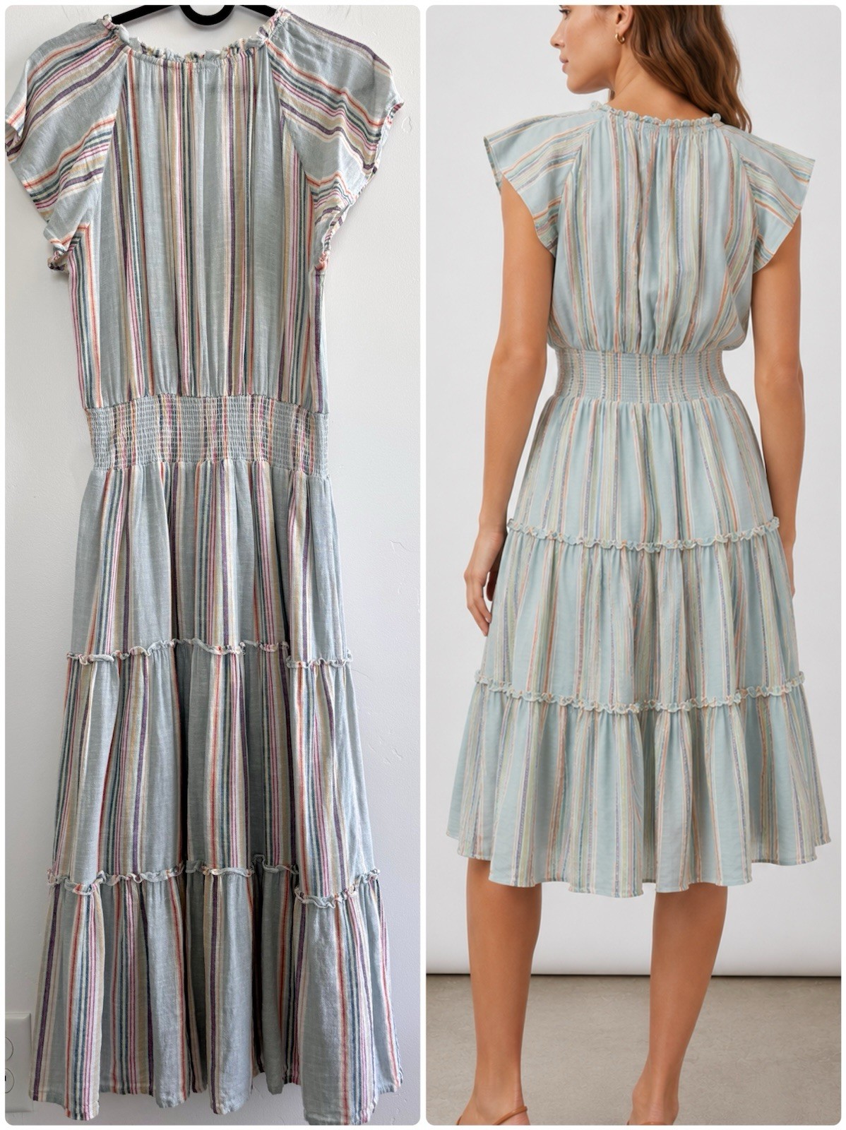 Rails Amellia Linen Blend Midi Dress Striped Smocked Tiered Size S Bohemian