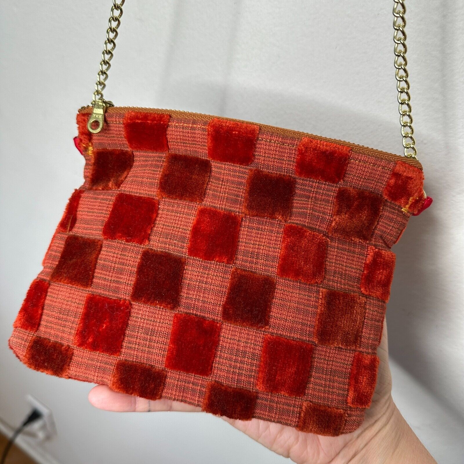 Rust Orange Velvet Checked Gold Chain Strap Zipper Top Slim Mini Purse