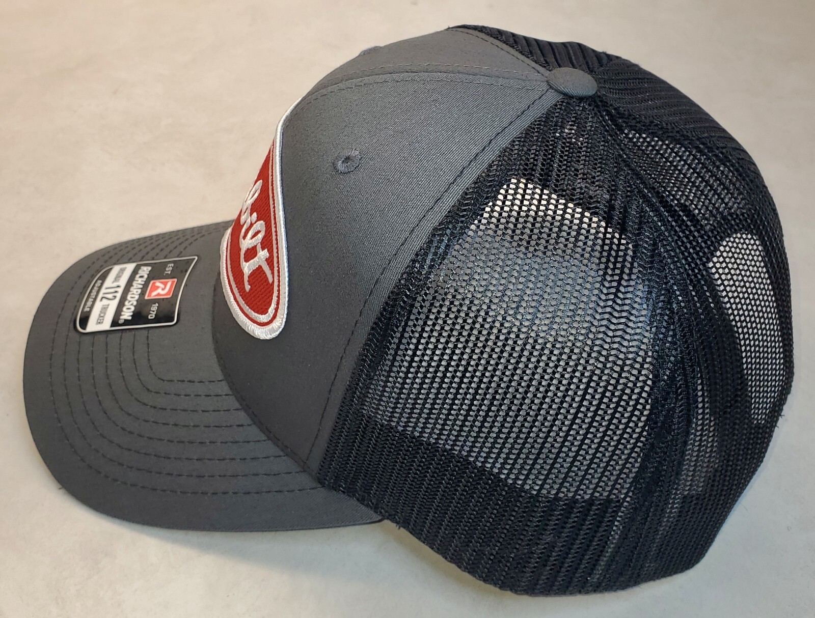 Peterbilt Red Patch on Richardson 112 Trucker Hat Snapback Charcoal/Black