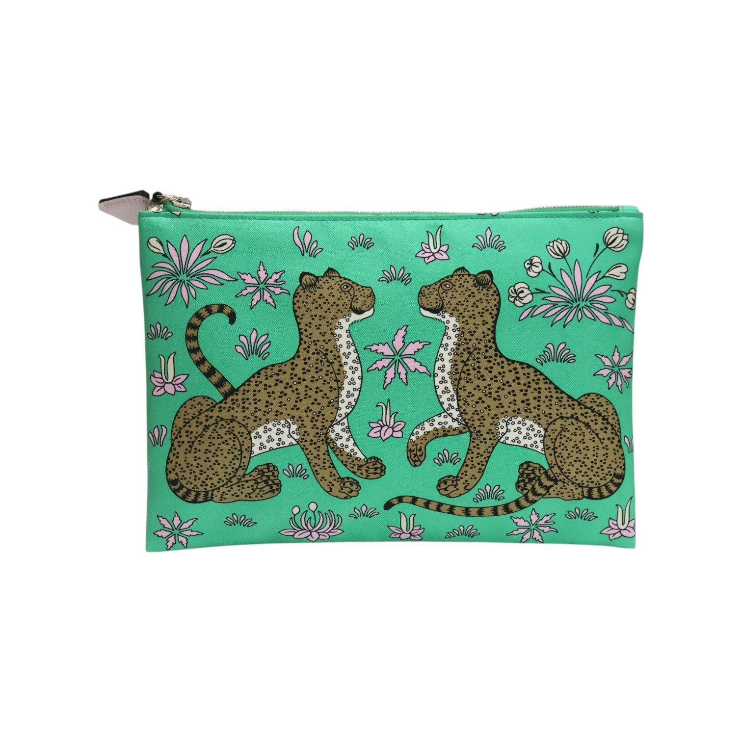 HERMES Les Leopards Silky Pocket Pouch Silk Green U Stamp H083771CKAD