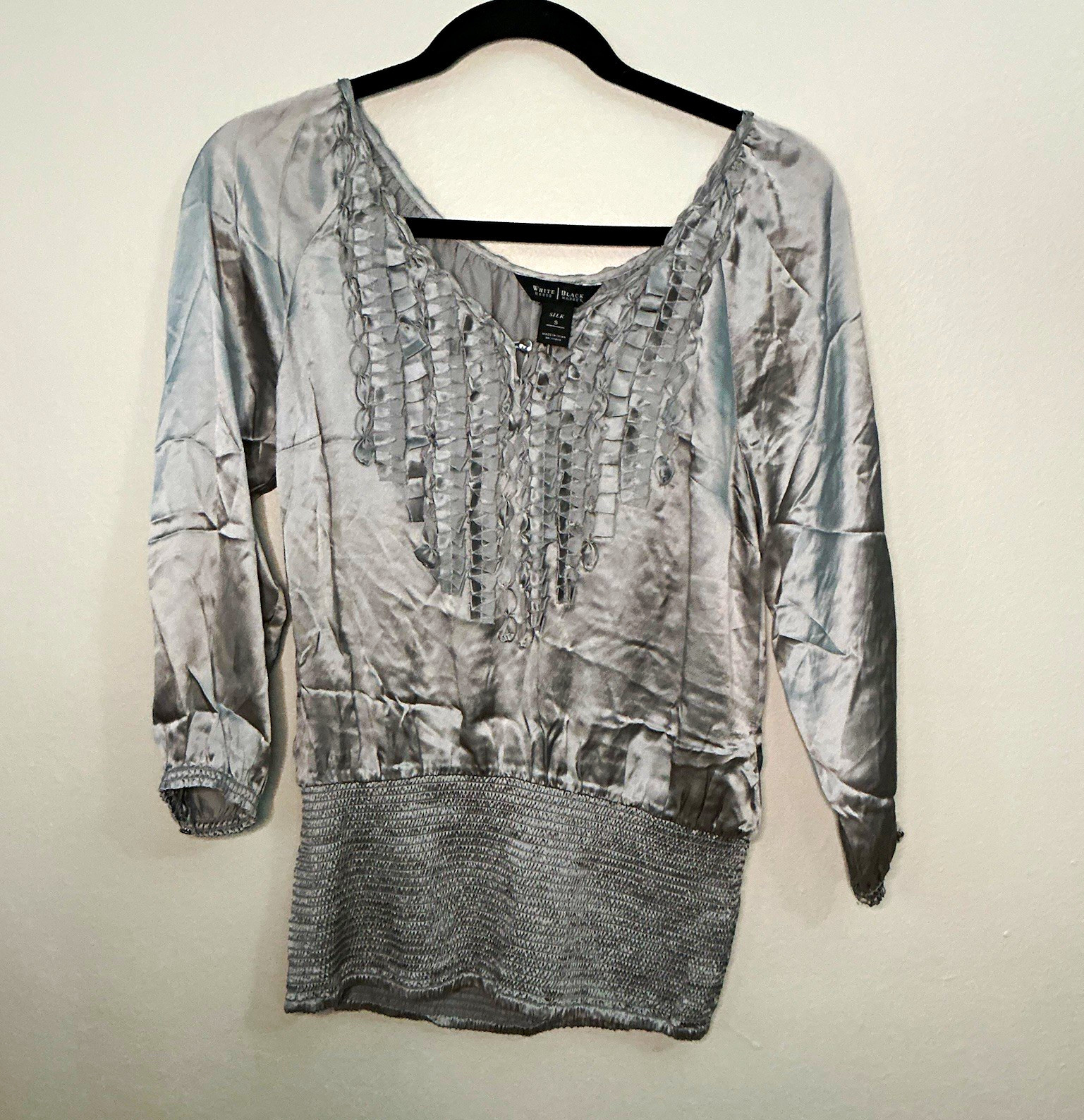 White House Black Market Women’s S Gray Satin Silk Scoop Neck Smocked Blouse