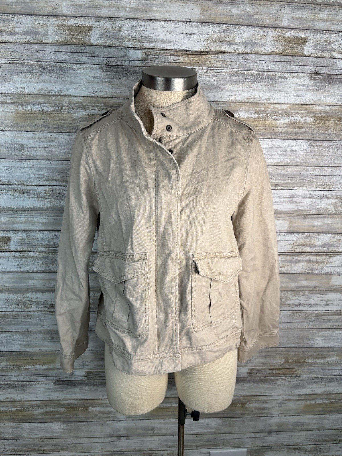 Talbots Refined Twill Utility Jacket Beige Petite M Military Safari Style Cotton