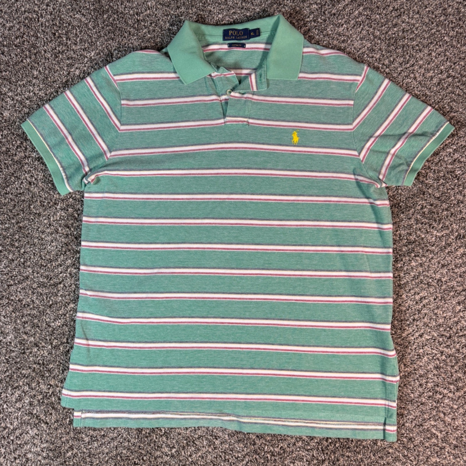 Polo Ralph Lauren Mens XL Custom Fit Striped Polo Shirt Green Pink Tennis Tail