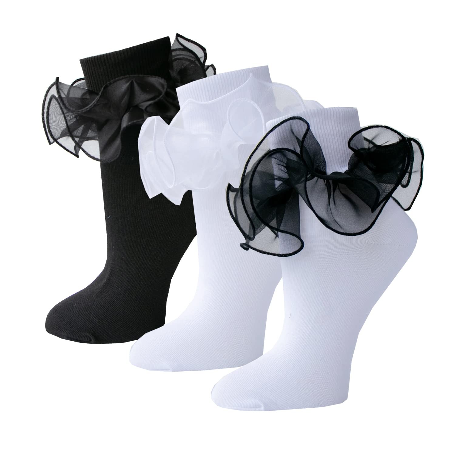 Women Big Ruffle Socks Double Lace Turn Cuff (Size 9-11, 3 Pairs)