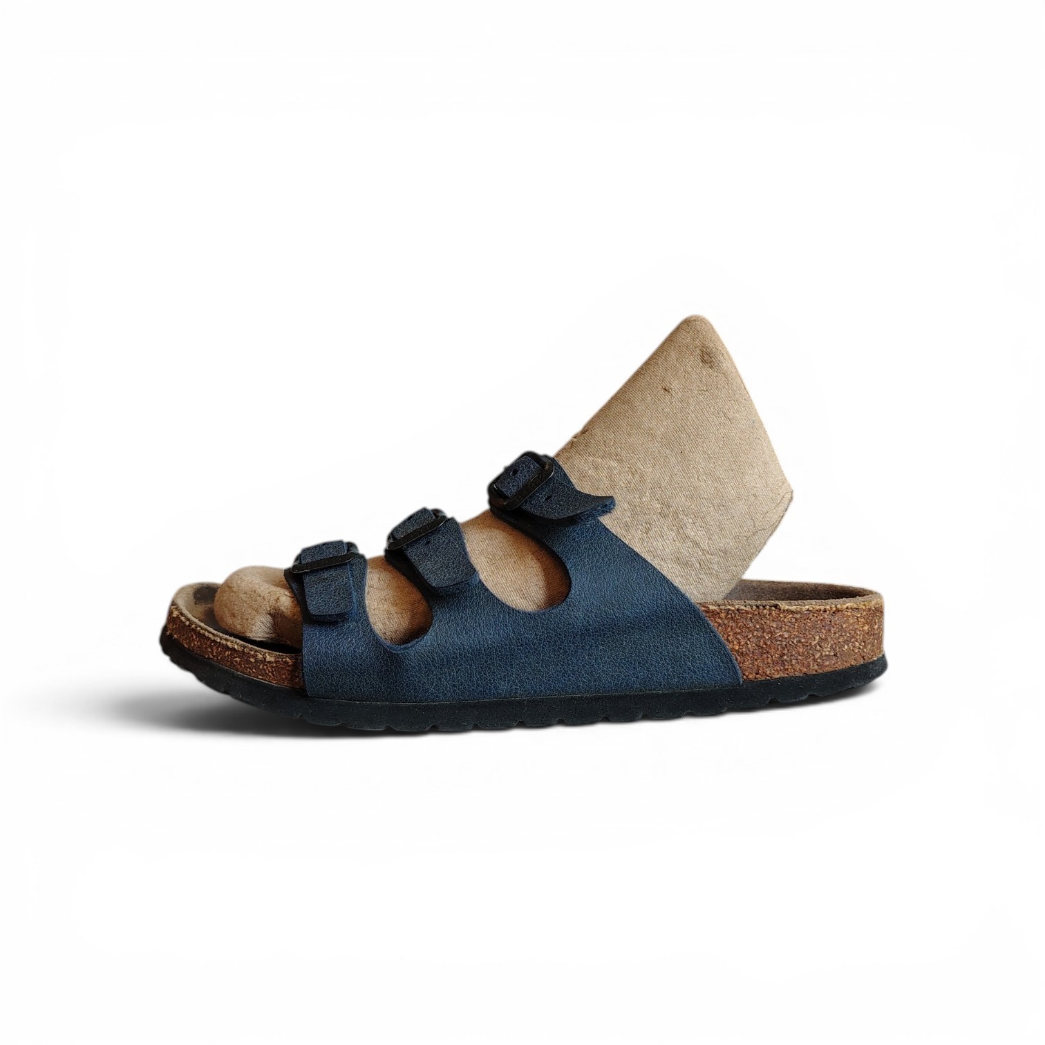 Birkenstock Men’s Blue Leather 3-Buckle Slide Sandals Cork Insole US 6