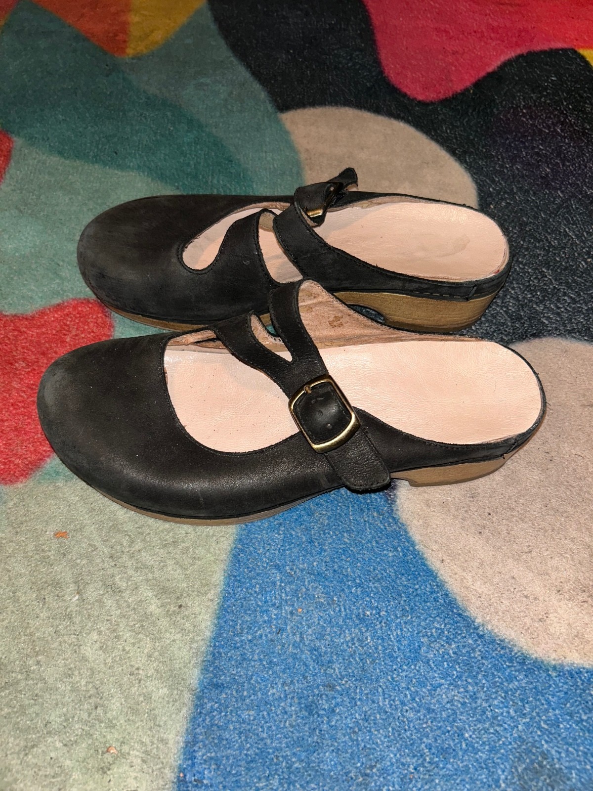 Black Leather Mary Jane Style Women’s Mules Buckle Strap