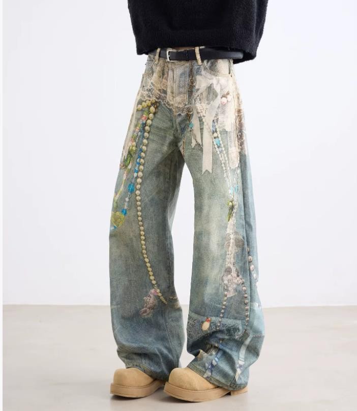 Men’s Retro Blue Denim Straight Leg Printed Jeans Punk Hip Hop Casual Trousers