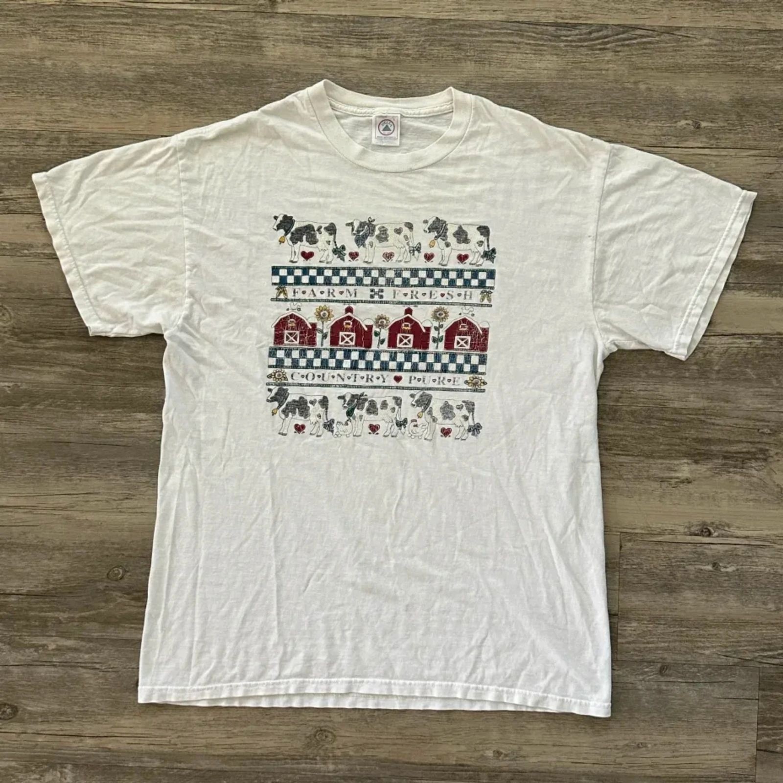 Vintage Barn Farm Animals Cow Art T-Shirt Farm Fresh Country Pure Size L