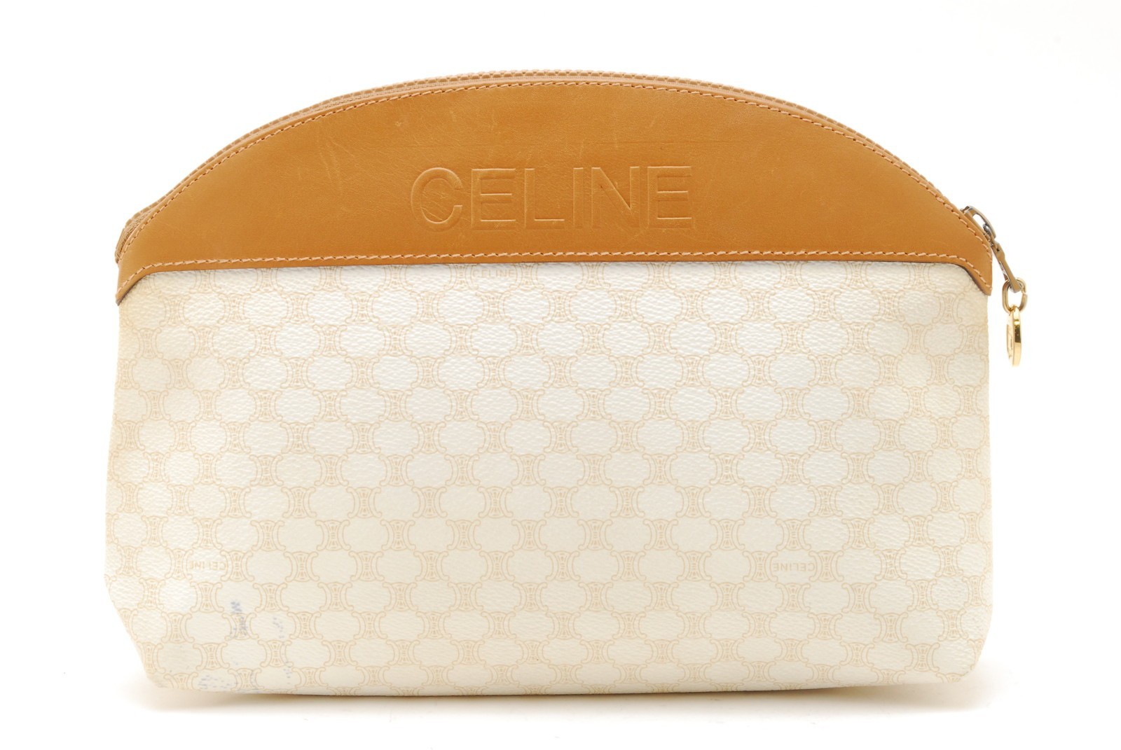 CELINE Vintage Clutch Hand Bag Pouch Macadam PVC Leather White Brown Auth #1200