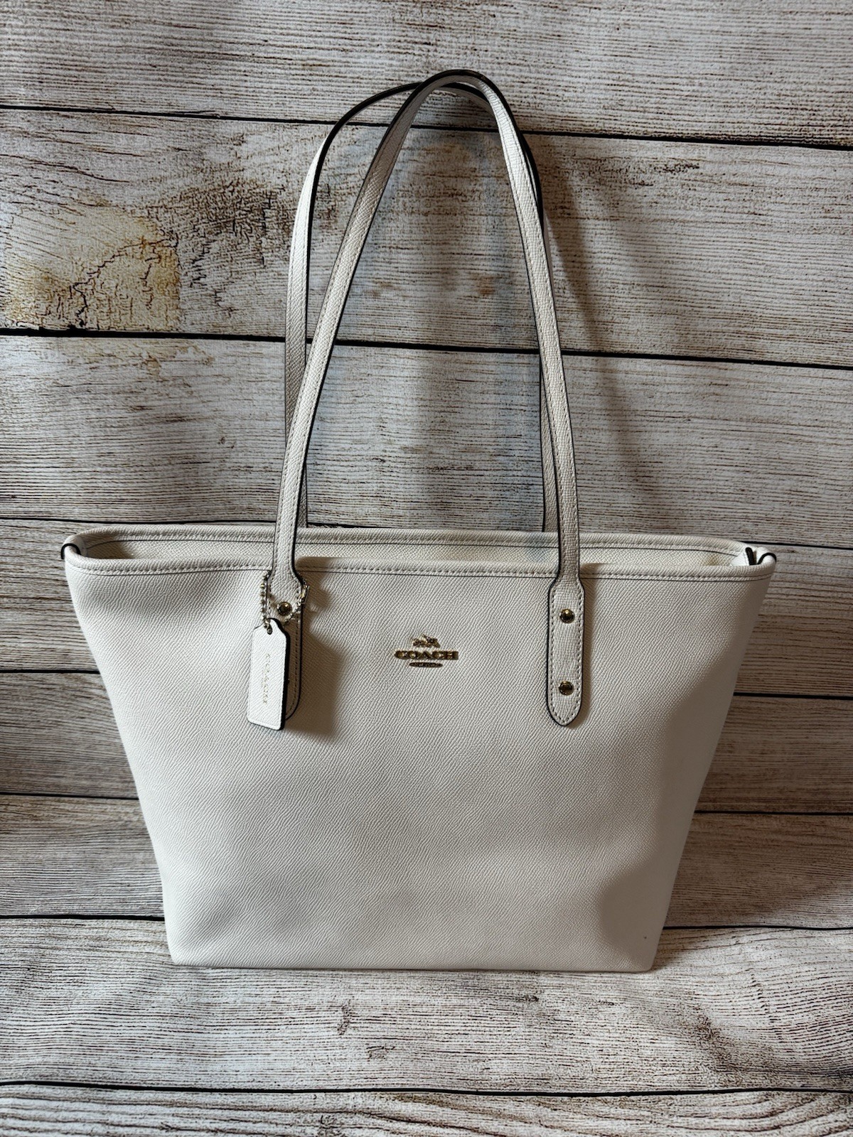 COACH F58846 City Zip Top Tote Shoulder Bag Chalk White Crossgrain Leather