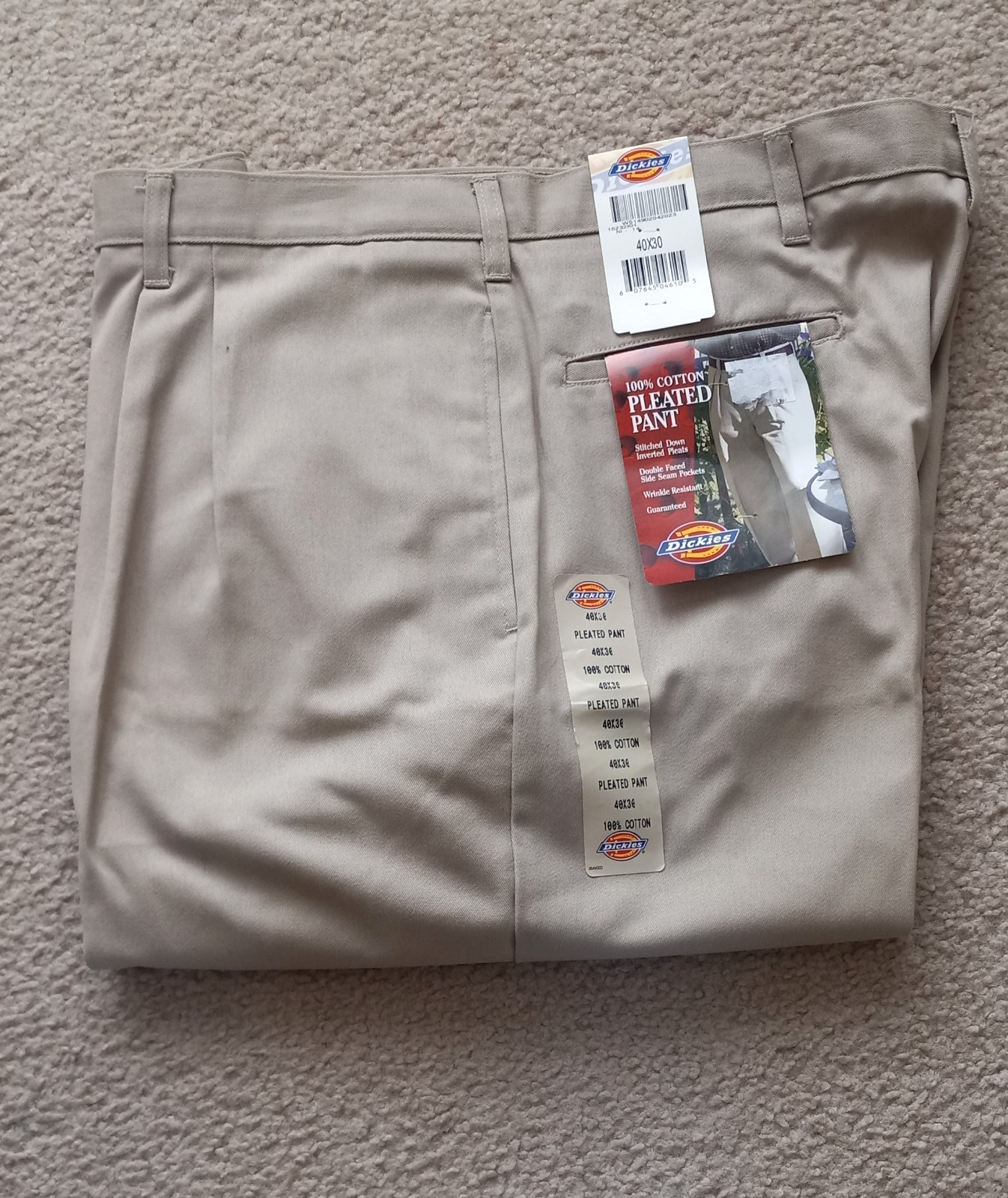 Dickies Cotton Pleated Pants Mens 40 x 30 Khaki Tan Wrinkle Resistant NEW