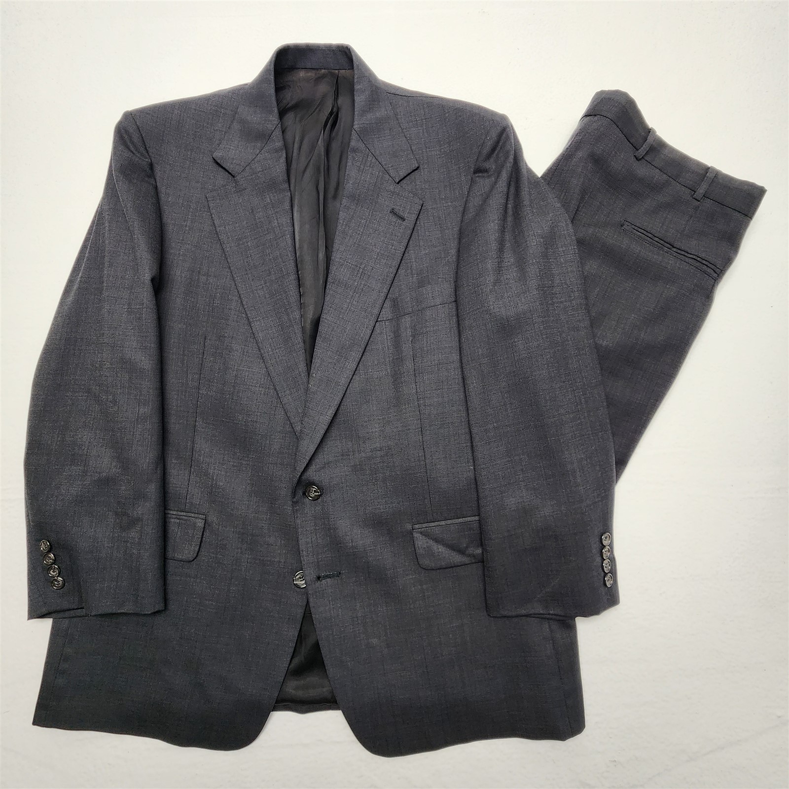 Vtg Old Money USA 44R 36×30 Dark Gray Nailhead Wool 2Btn 2Pc Jacket Pants Suit