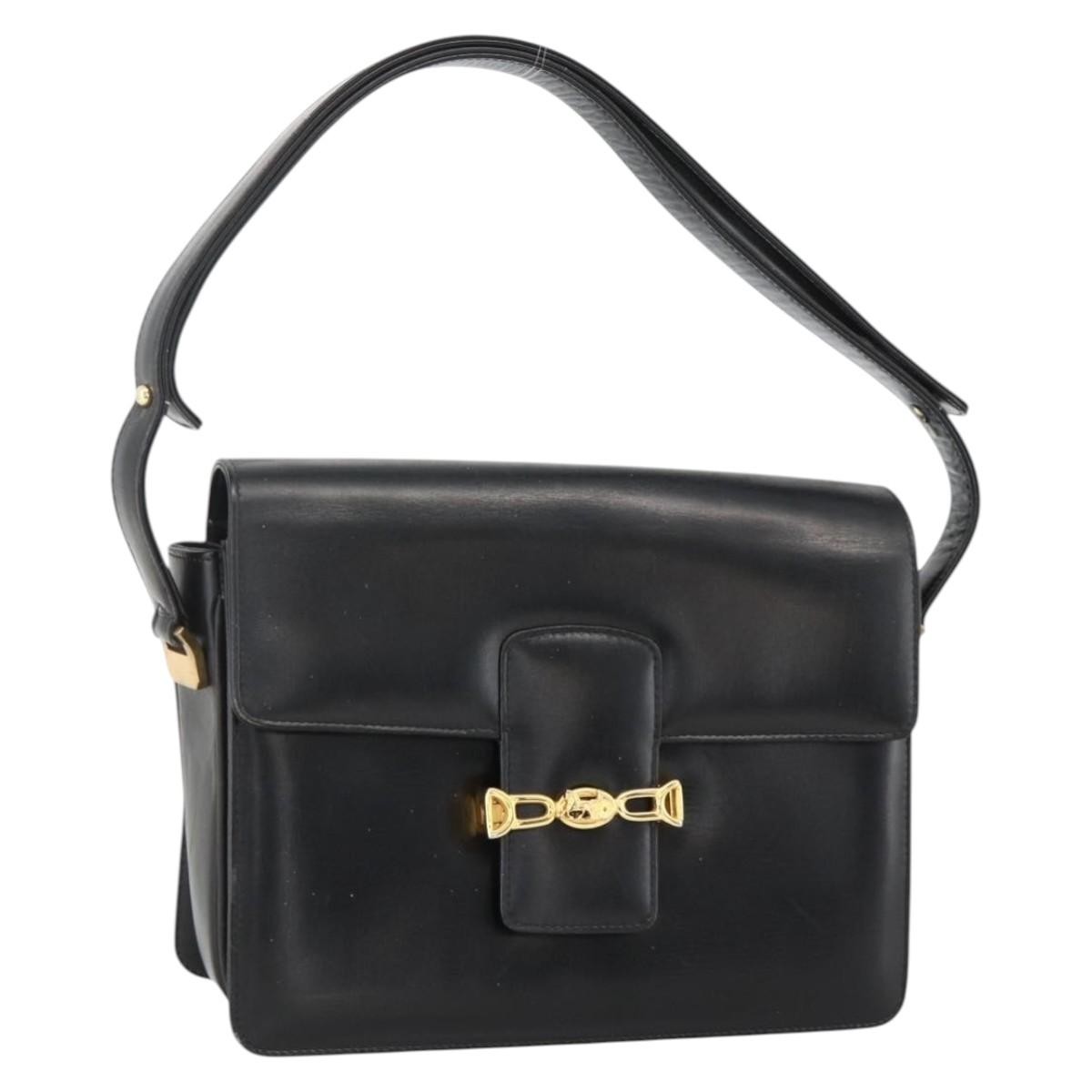CELINE Horse Carriage Shoulder Bag Leather Black Gold Auth INZ094