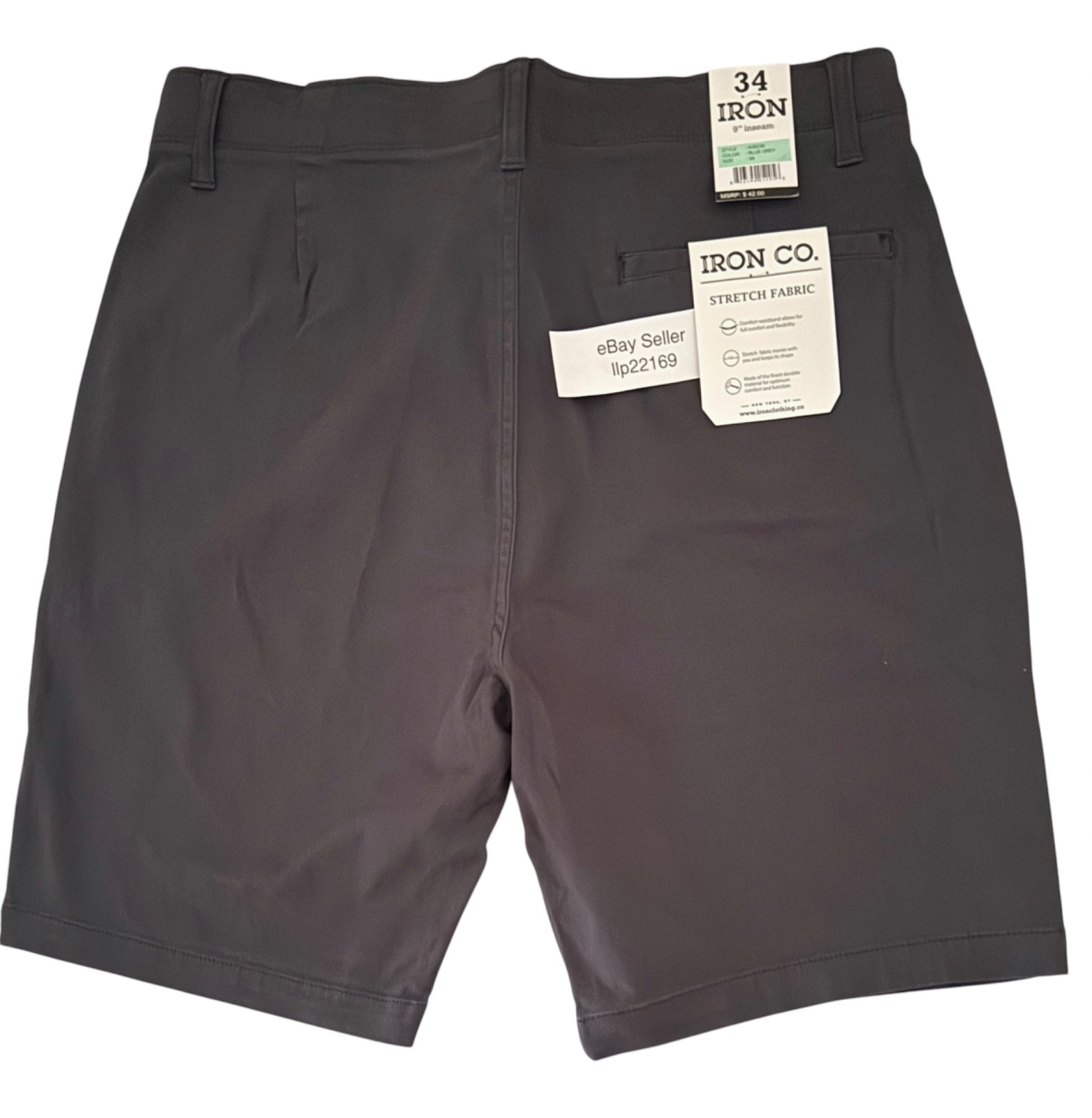 IRON CO Men’s Stretch Shorts (SIZE 34) Flex Waist Flat Front BLUE GREY New Tag!