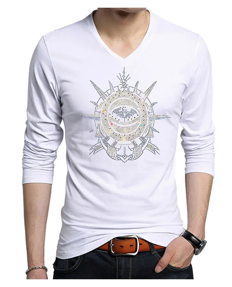 Fashion Trend Stone Rhinestones Streetwear Long Sleeve Luxury Men V-Neck T-Shirt