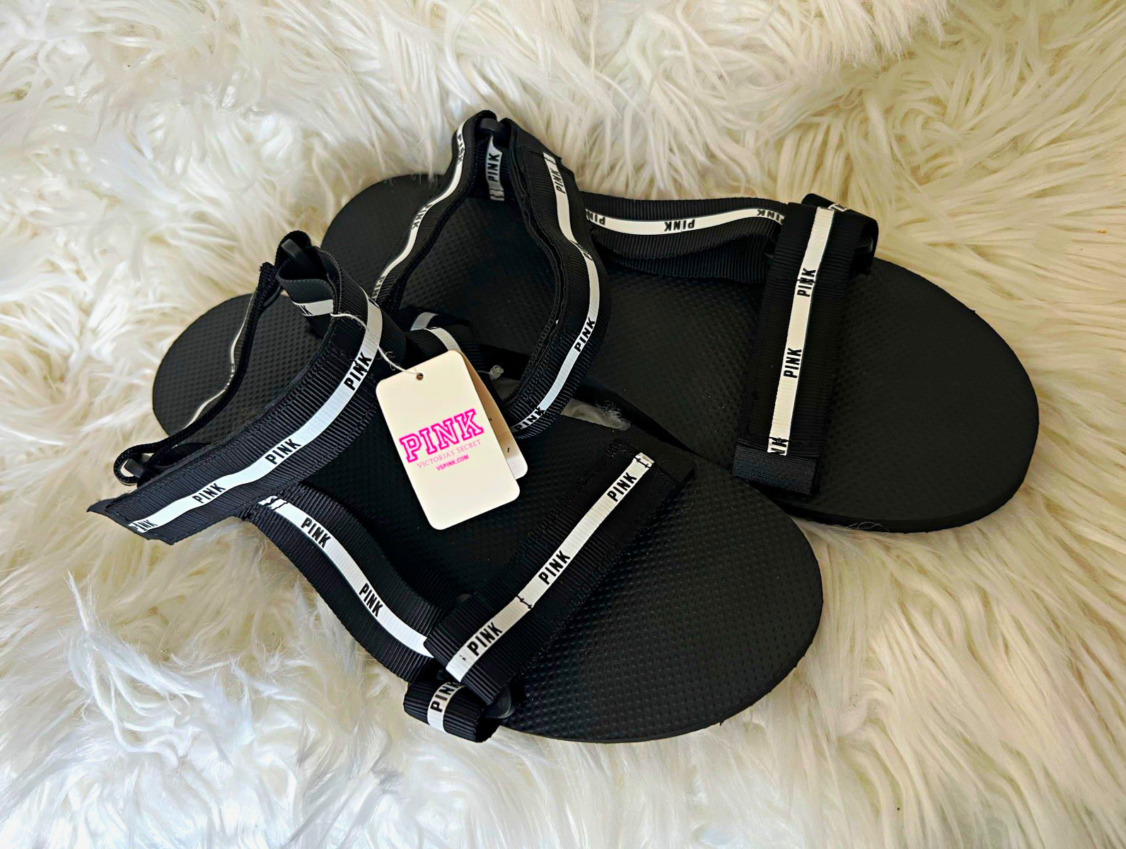 PINK Women’s Strappy Slip-On Sandals Black/White Logo Straps Size 8