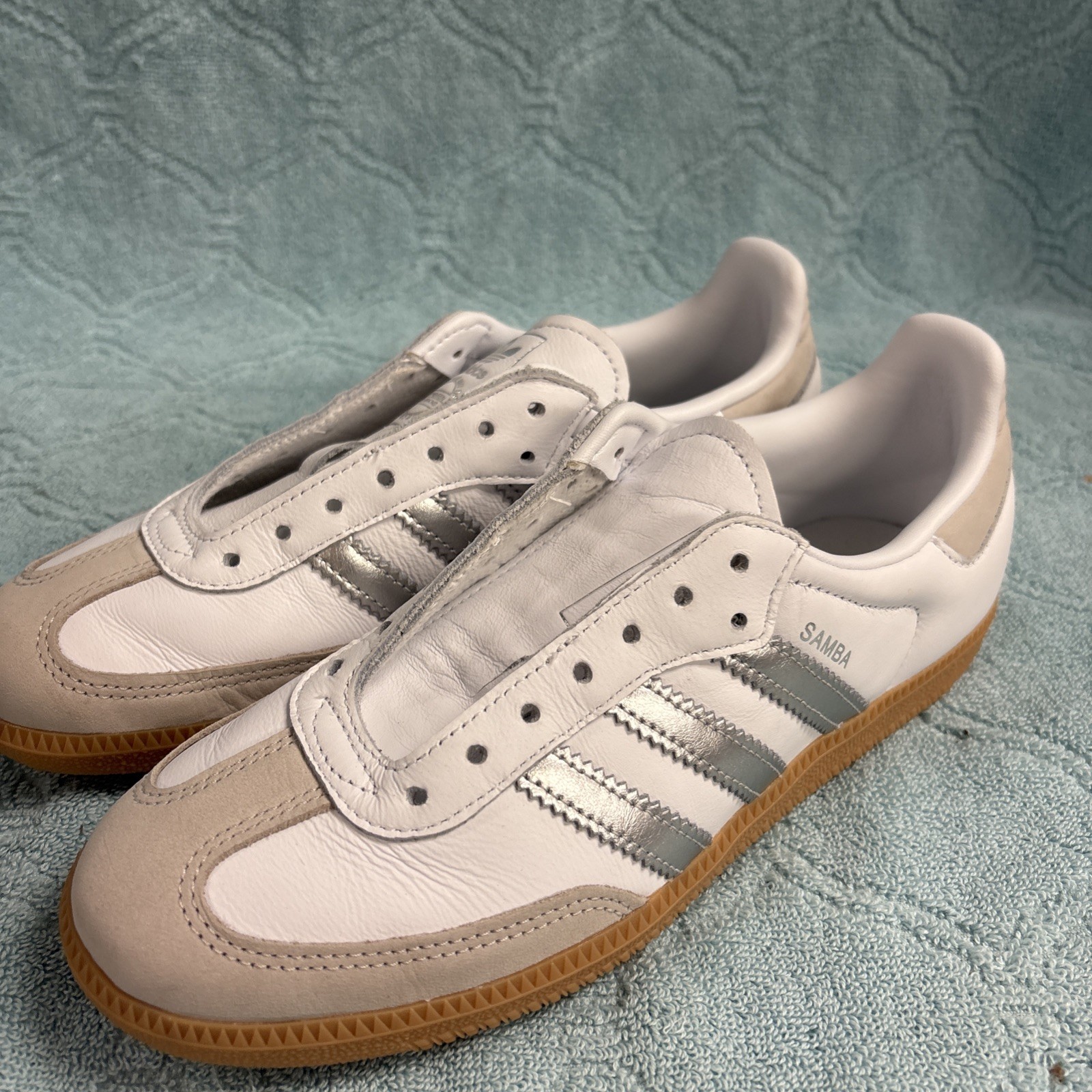 Adidas Samba OG White Silver Metallic Grey JI2725 Size 6.5 NO BOX-SHOESTRINGS