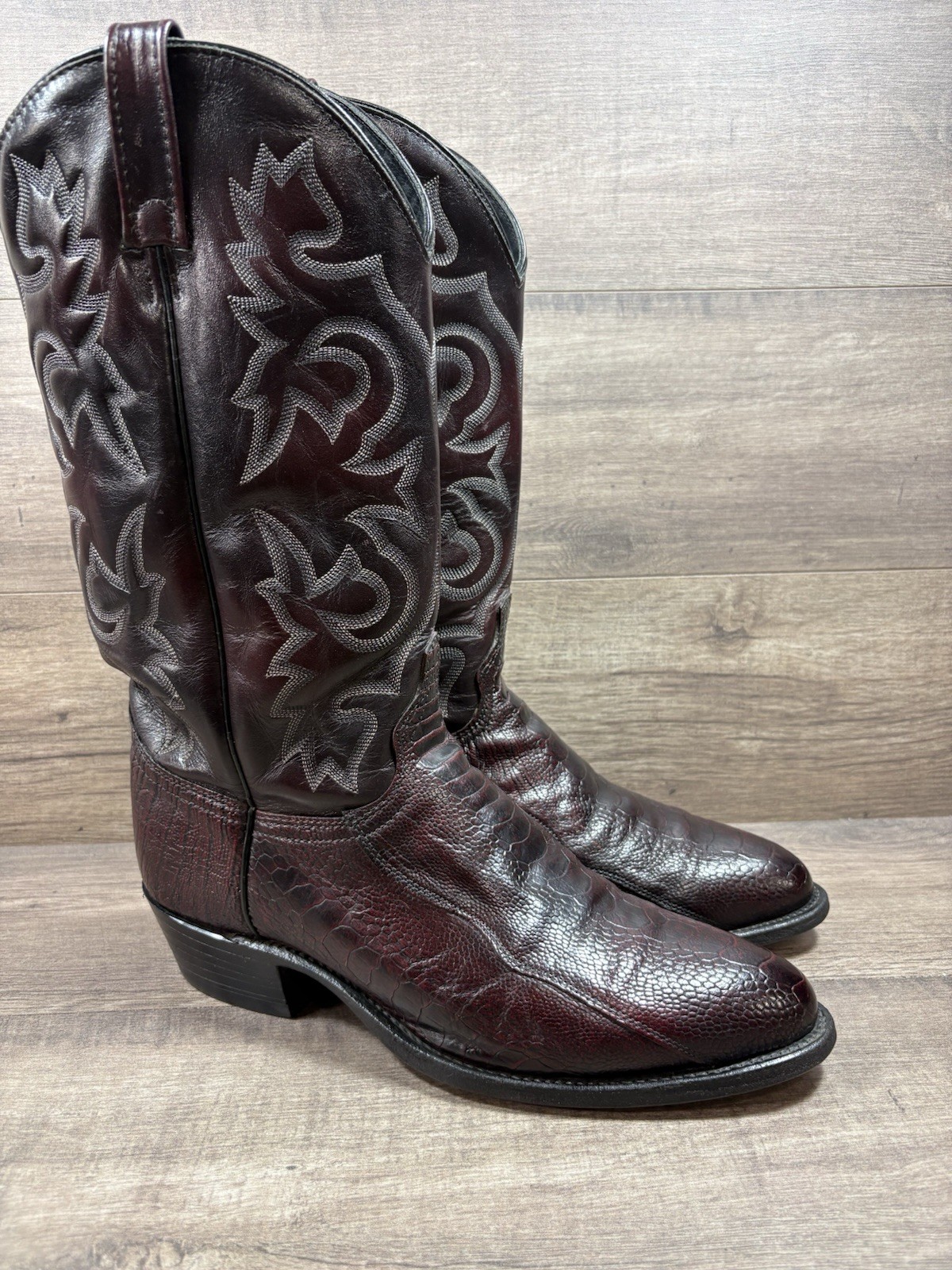 J Chisholm Genuine Ostrich Skin Cowboy Boots Burgundy Leather Mens Size 10.5 D