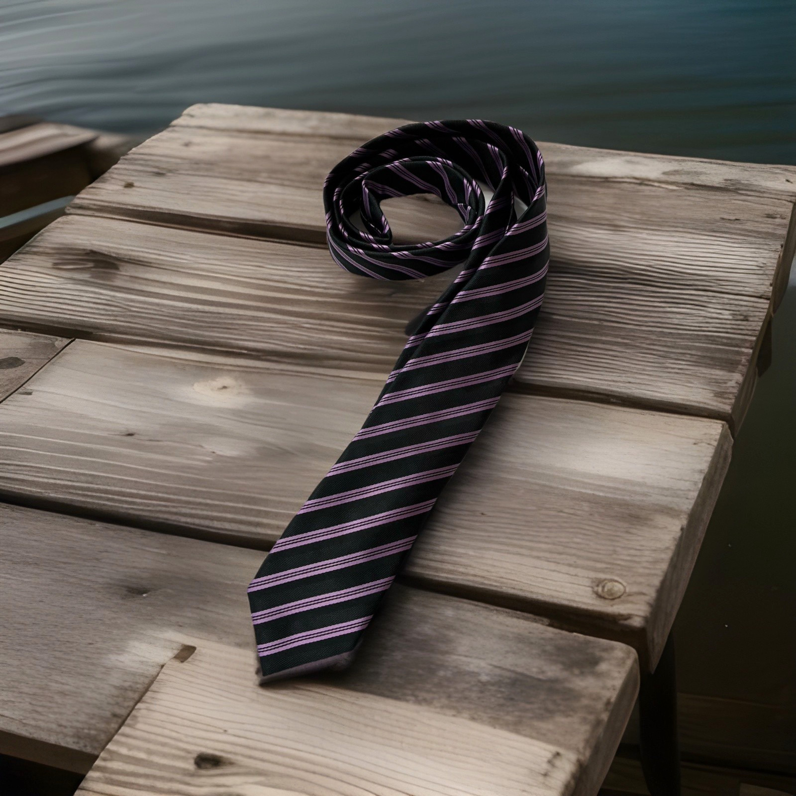 J. Ferrari Tie Black Purple Striped JF J Ferrar Narrow Necktie 60″ x 3″ Classic