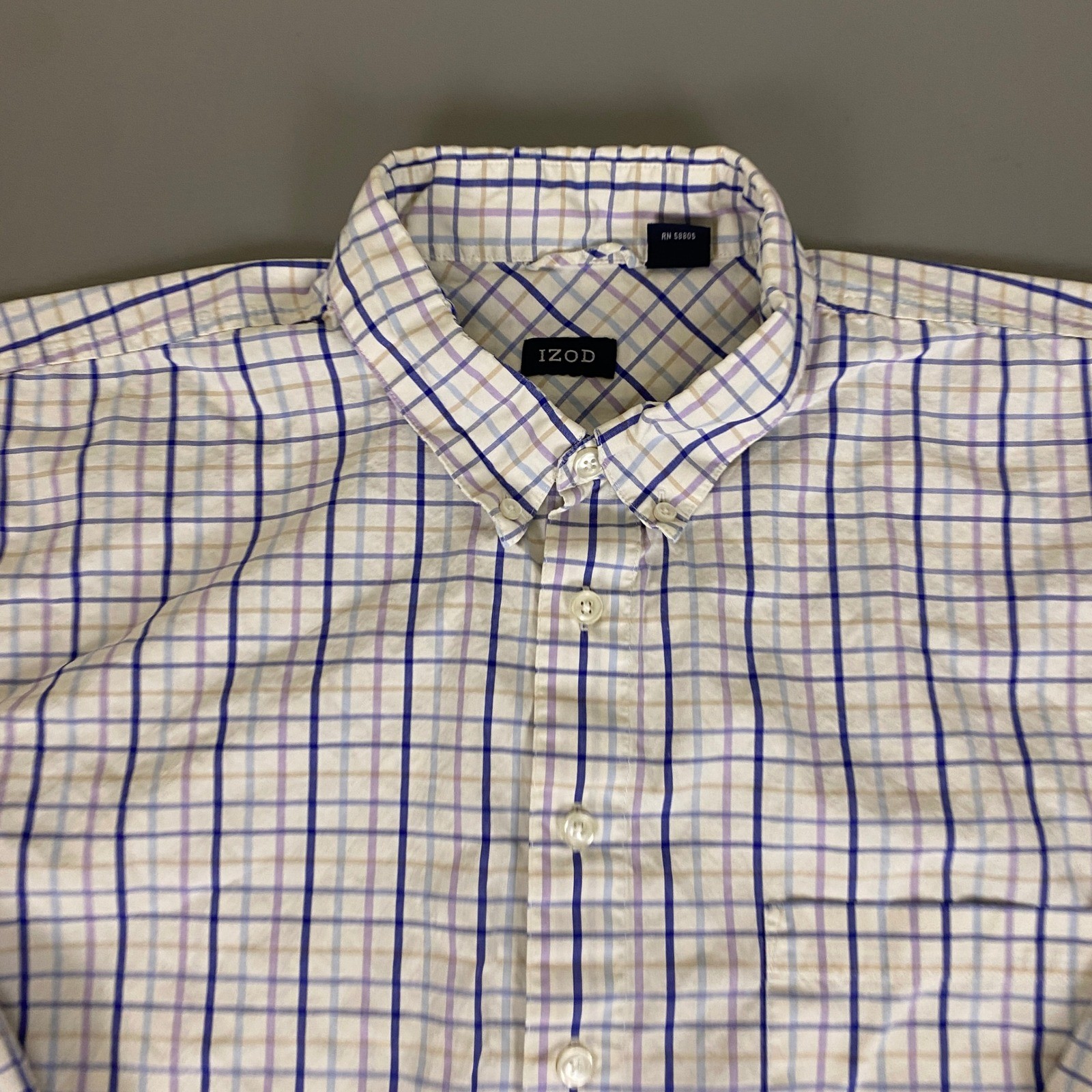 IZOD Button Down Shirt Men’s Size 3X Plaid Long Sleeve White Blue Purple Cotton
