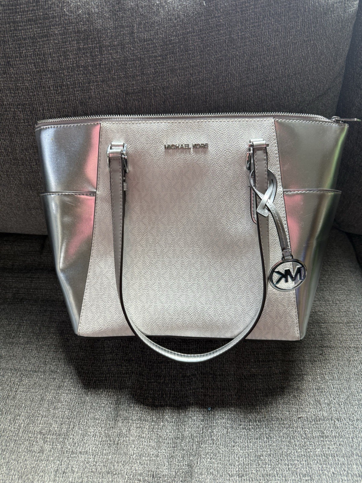 Michael Kors Silver Metallic Logo Large Zip Top Tote Bag w/ Charm