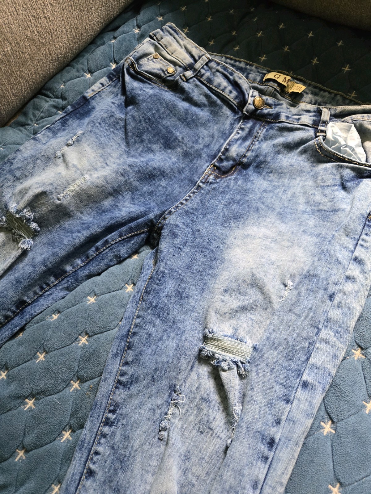 GM Women’s Light Wash Blue Denim Distressed Skinny Jeans Mid Rise 13/14